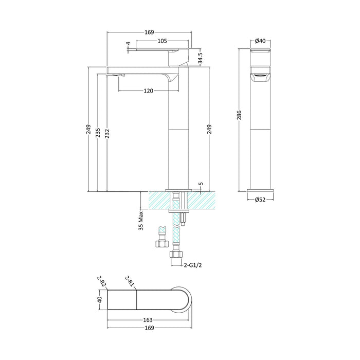 [BTOT370] Tall Mono Basin Mixer P/B Waste - Technical Drawing