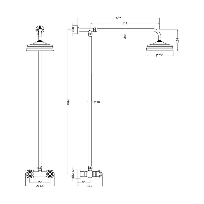 [BSSK3118] Thermostatic Exposed Shower Valve & Rigid Riser Kit - Chrome - Technical Drawing