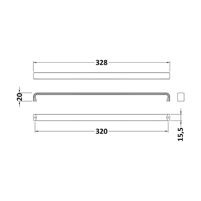 [BFHH120] Thin D Shape Furniture Handle, 328 x 16 x 20mm, Choice of Finish - Technical Drawing