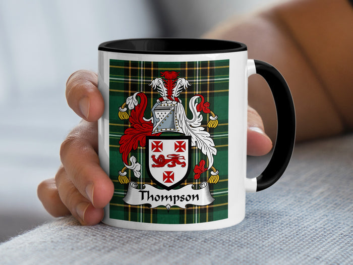 Thompson Irish National Tartan mug with family crest emblem