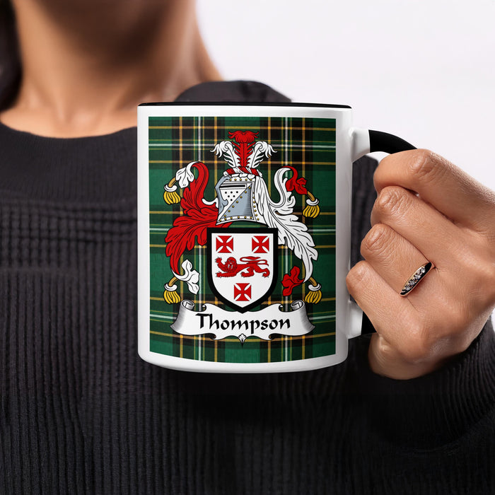 Thompson surname accent mug displayed with Irish National Tartan design
