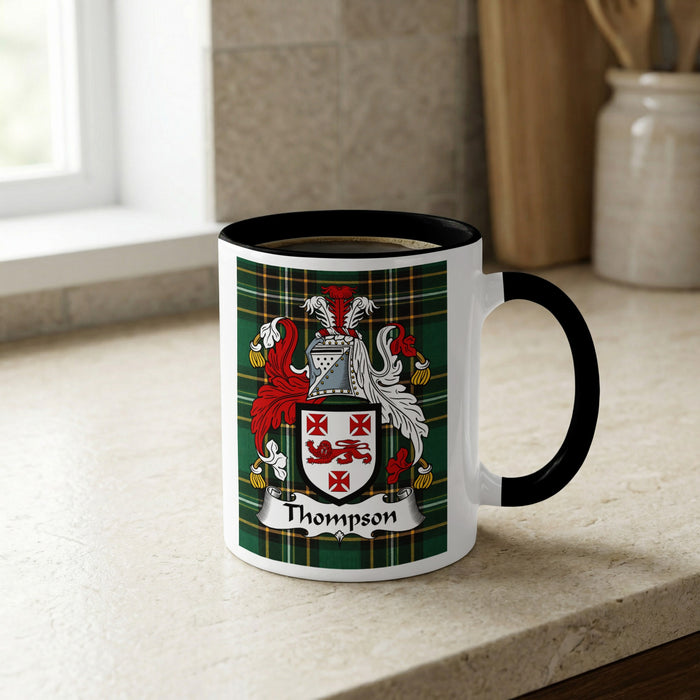 Thompson Irish heritage ceramic mug showing tartan and surname emblem