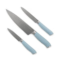 Three blue titanium knives from a cutlery set displayed on a white background.