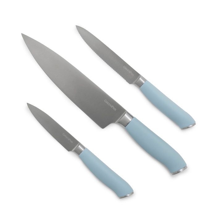 Three blue titanium knives from a cutlery set displayed on a white background.