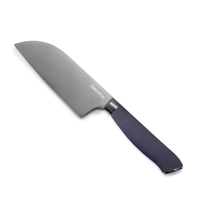 Santoku knife with a black titanium blade, dark blue handle, and GreenPan branding on the blade.