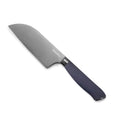 Santoku knife with a black titanium blade, dark blue handle, and GreenPan branding on the blade.