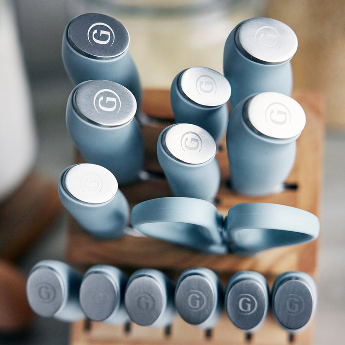 Blue Haze 16-piece titanium cutlery knife block set with kitchen scissors, viewed from above.