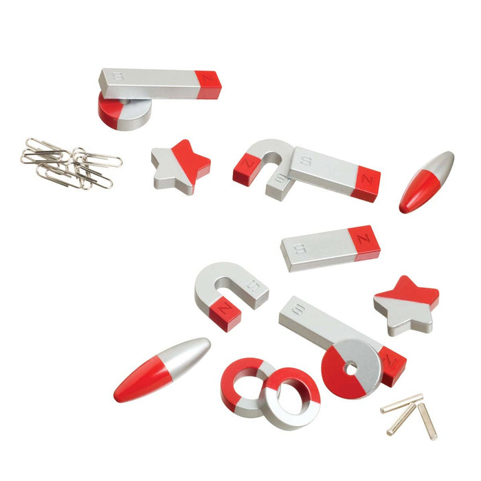 The Toy Science 24pc Magnet Set features assorted red and silver magnets—bars, horseshoes, stars, rings, bullets—arranged with metal paper clips and pins on a white background, perfect for STEM toys or any science kit.