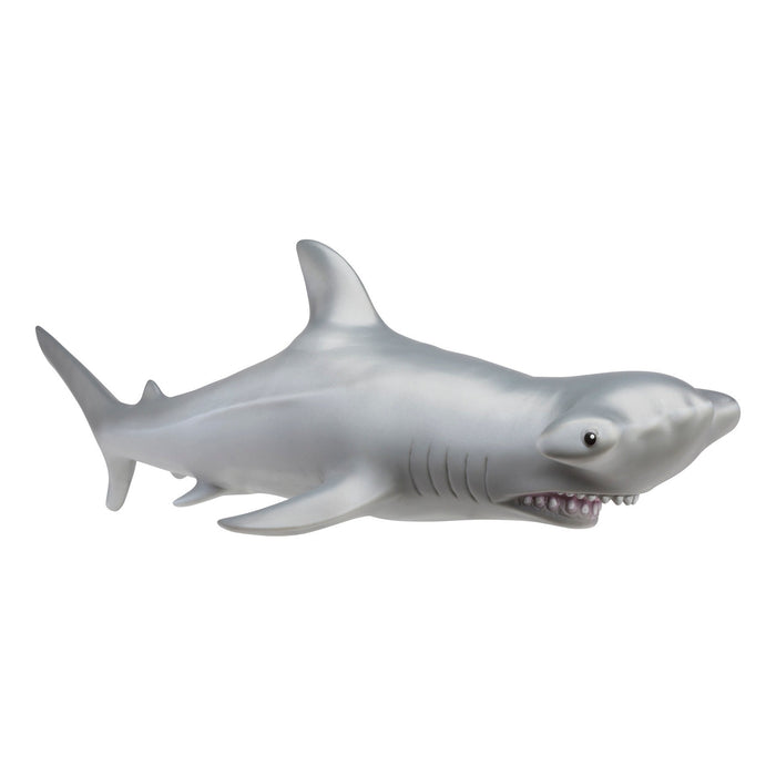 The Toysmith Epic Shark - Hammerhead is a gray soft plastic toy by Toysmith, featuring a wide, flat head, open mouth with teeth, and cartoonish eyes—perfect as an educational toy.