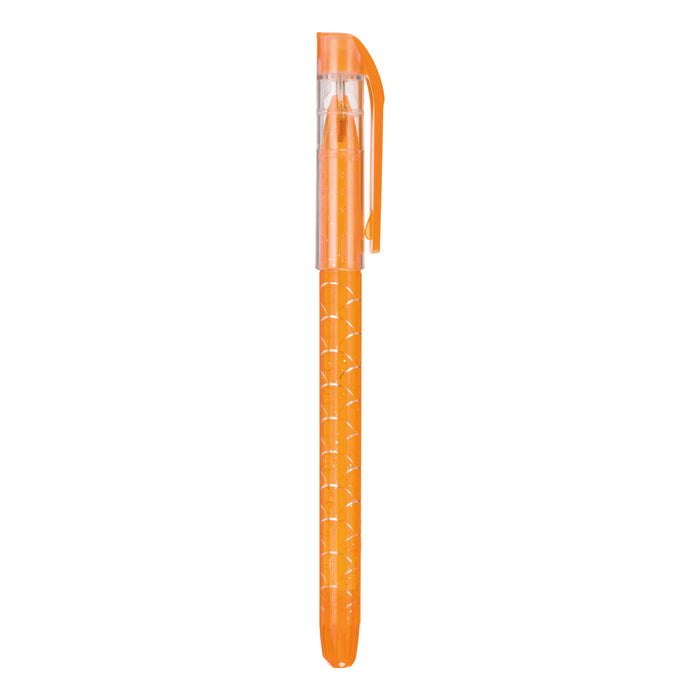 The Toysmith Mermaid Tattoo Gel Pen by Toysmith is an orange gel-ink pen with a matching cap and clip, translucent body, and patterned grip. Ideal for temporary body art, it stands upright against a white background.