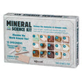 The Toysmith Mineral Science Kit by Toysmith includes 15 rock and mineral specimens in a grid, a magnifying viewer, nail, and streak plate. The box explains this STEM kit helps kids test, classify, and identify common rocks.