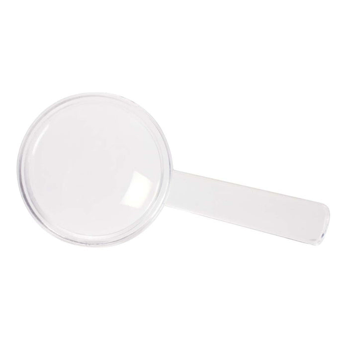 A transparent plastic magnifying glass with a round lens and straight handle, ideal for studying rocks from the Toysmith Mineral Science Kit by Toysmith, shown on a white background.