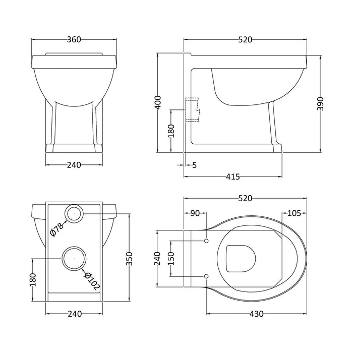 [BCHA806] Traditional Back to Wall Toilet Pan, Classic White Ceramic WC with Timeless Bathroom Design by Balterley - Technical Drawing