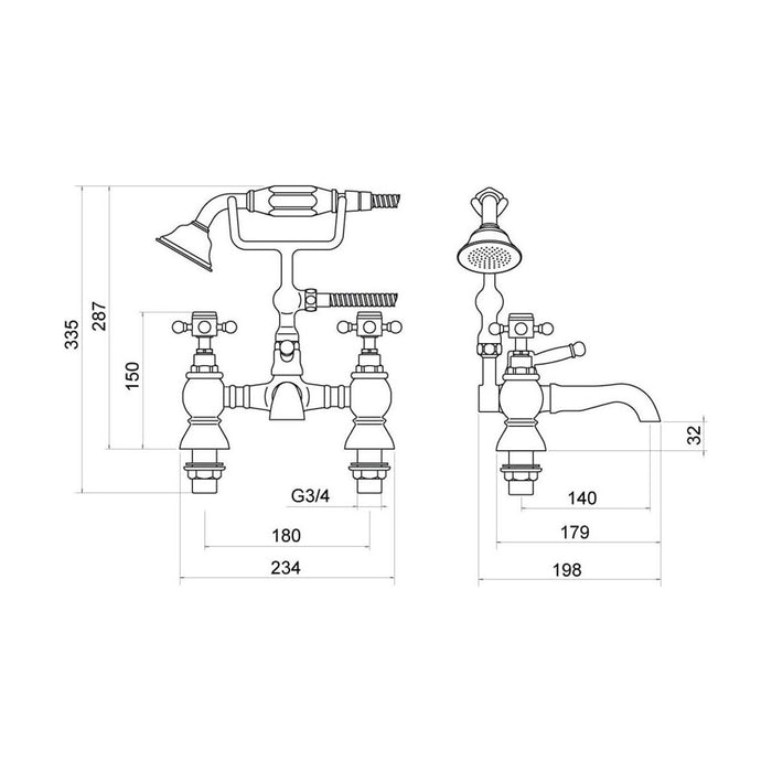 [BTTT104] Traditional Bathroom Bath Shower Mixer Tap and Kit, Crosshead Handles - Chrome - Technical Drawing