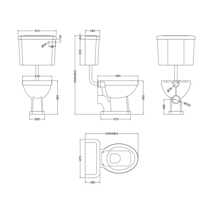 [BCKI001] Traditional Classic Low Level Toilet Pan, Cistern and Flush Pipe Kit - Technical Drawing