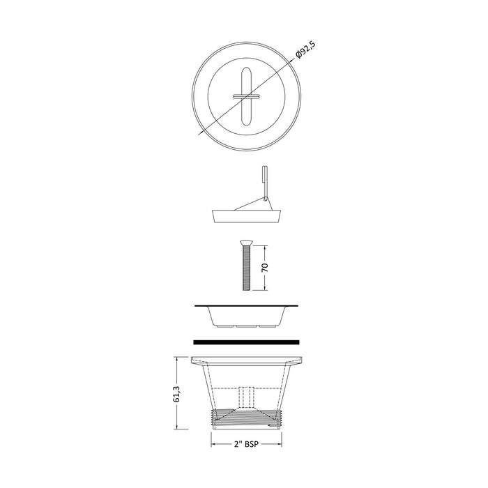 [BKW301] Traditional Cleaner Sink Waste with Plug with a Chrome Finish - Technical Drawing
