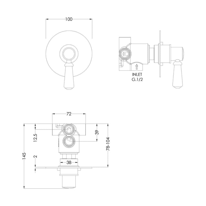 [BSBAWD14] Traditional Concealed Lever Handle 2/3/4 Way Shower Diverter - Chrome - Technical Drawing