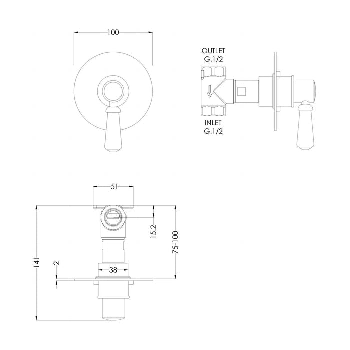 [BSBAST10] Traditional Concealed Thermostatic Shower Stop Tap - Chrome - Balterley - Technical Drawing