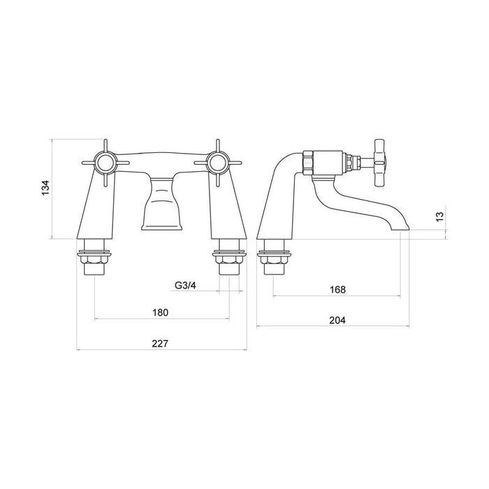 [BTTT205] Traditional Crosshead Deck Mounted Bath Filler Tap - Chrome - Technical Drawing
