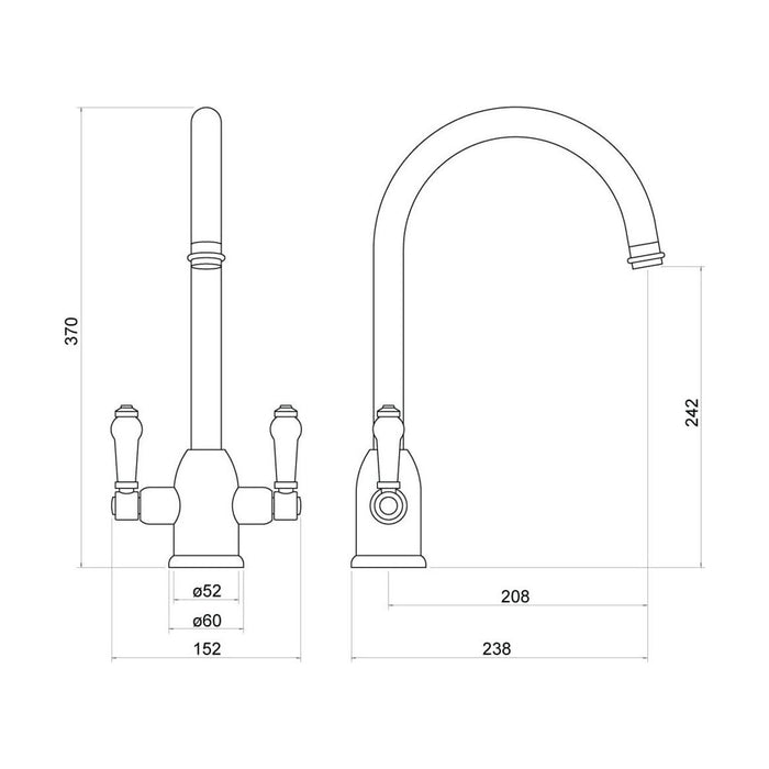 [BKT007] Traditional Dual Handle Kitchen Mixer Tap - Chrome - Technical Drawing