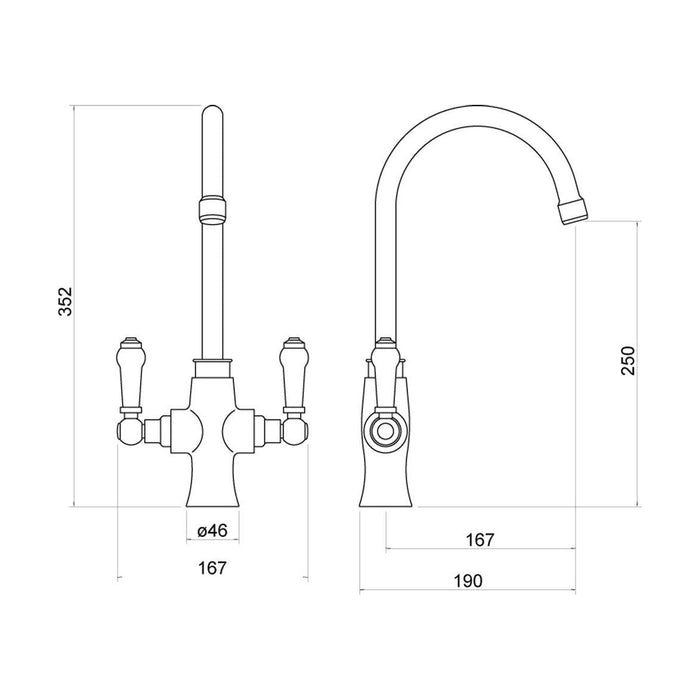 [BKT002BG] Traditional Dual Handle Kitchen Mixer Tap, Choice of Finish - Technical Drawing