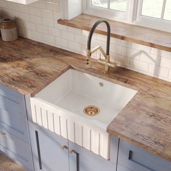 [BKS236] Traditional Fireclay Kitchen Single Bowl Fluted Front Butler Sink with Overflow, Choice of Size - Silo
