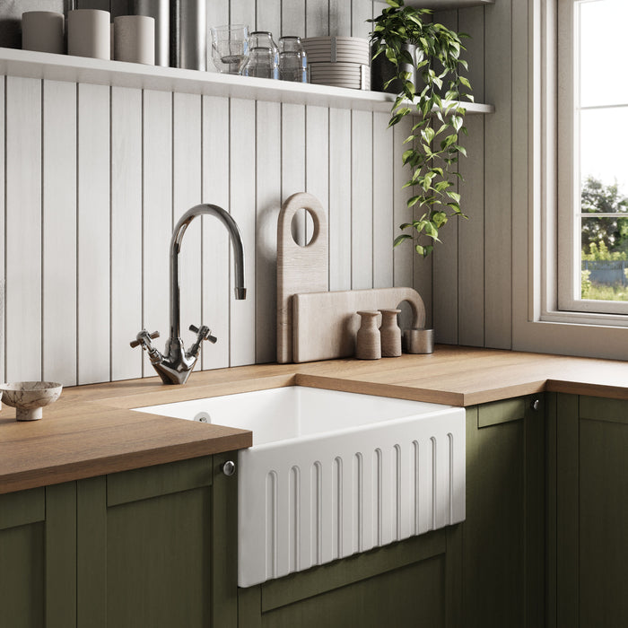 [BKS236] Traditional Fireclay Kitchen Single Bowl Fluted Front Butler Sink with Overflow, Choice of Size