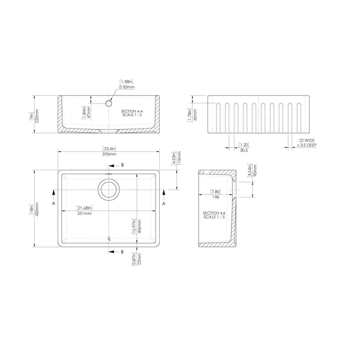 [BKS236] Traditional Fireclay Kitchen Single Bowl Fluted Front Butler Sink with Overflow, Choice of Size - Technical Drawing