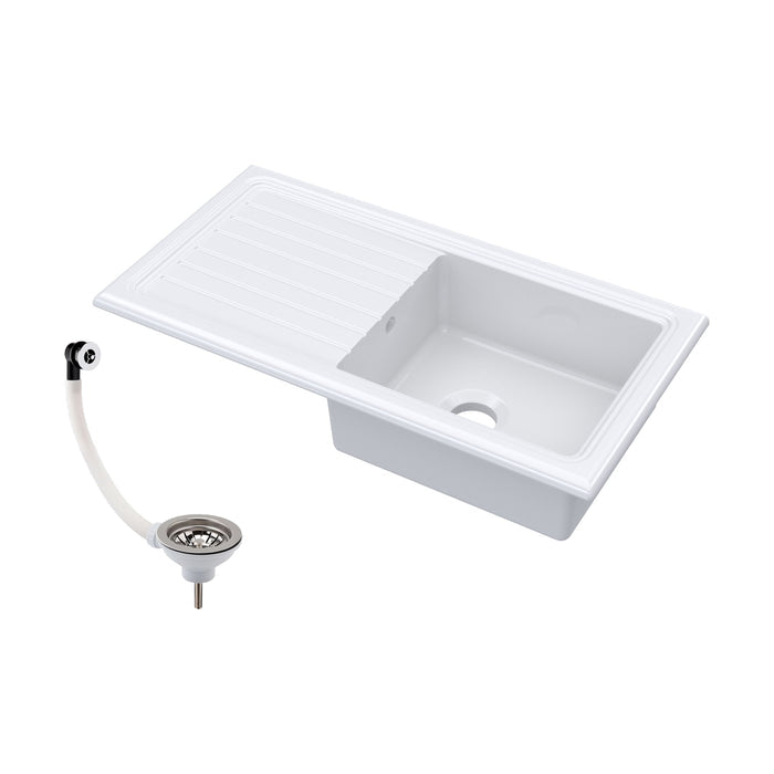 [BKS231W] Traditional Fireclay Single Bowl Inset Kitchen Sink with Waste, 101cm - Choice of Waste Finish - Cutout