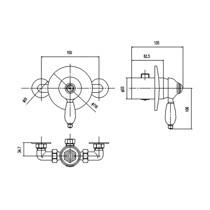 [BSMV201] Traditional Round Concealed Manual Shower Valve (1 Outlet) - Chrome - Technical Drawing