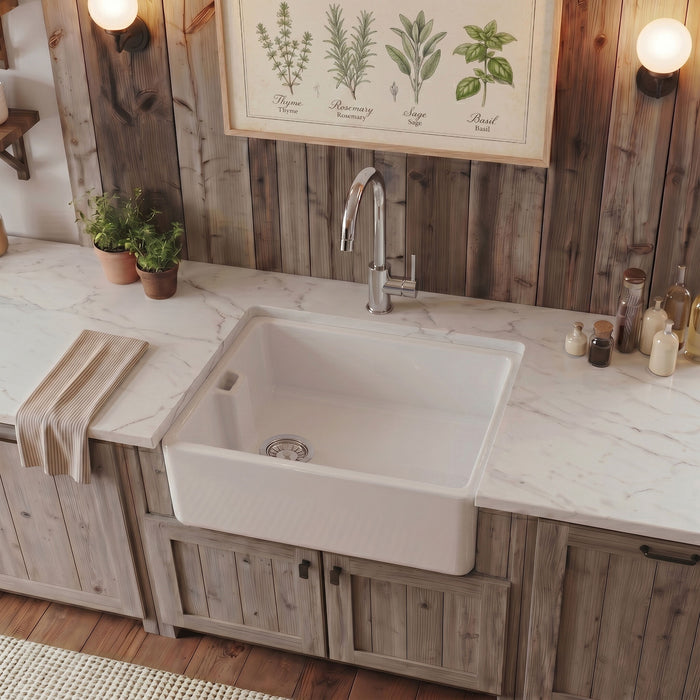 [BKS218W] Traditional Single Bowl Fireclay Ceramic Belfast Kitchen Sink with Chrome Basket Strainer Waste - 595mm - Silo