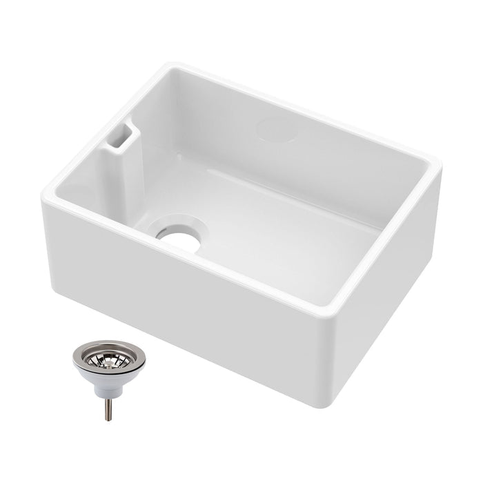 [BKS218W] Traditional Single Bowl Fireclay Ceramic Belfast Kitchen Sink with Chrome Basket Strainer Waste - 595mm - Cutout