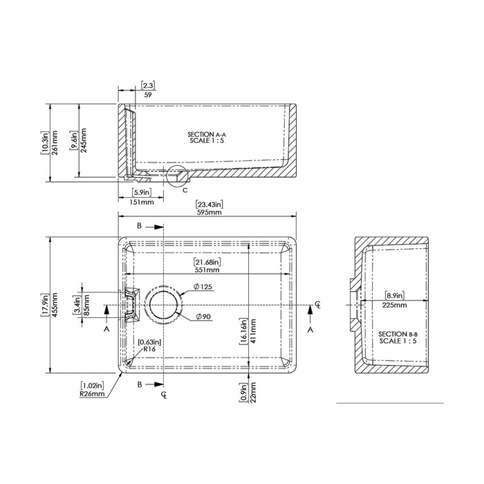 [BKS218W] Traditional Single Bowl Fireclay Ceramic Belfast Kitchen Sink with Chrome Basket Strainer Waste - 595mm - Technical Drawing