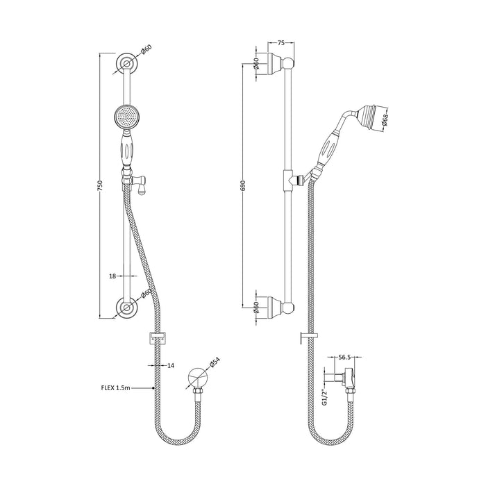 [BSSR211] Traditional Slide Rail Shower Kit with Outlet Elbow - Chrome/White - Technical Drawing