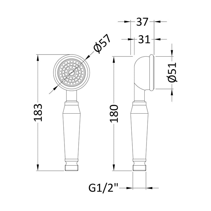 [BAHS221] Traditional Small Shower Handset - Chrome - Technical Drawing