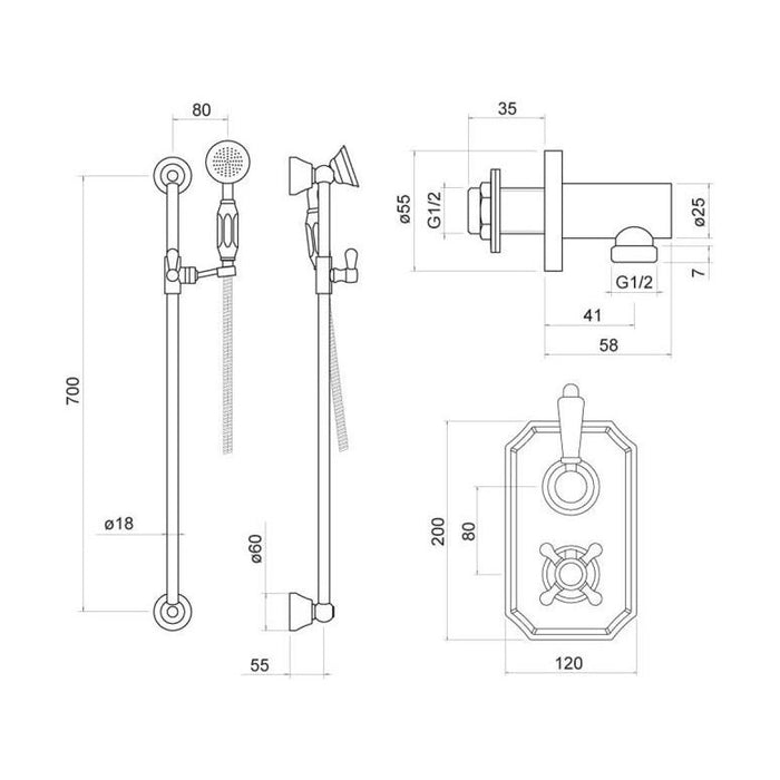 [BSTSS106] Traditional Thermostatic Shower Set with Valve and Slide Rail Kit - Technical Drawing