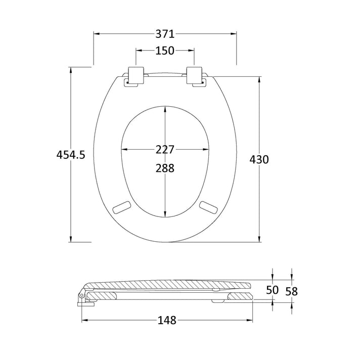 [BCTS302] Traditional Wooden Bottom Fix with Chrome Hinges - White - Technical Drawing