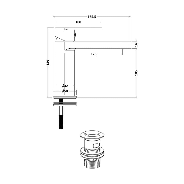 [BTA305] Tresscott Contemporary Round Mono Basin Mixer Tap with Push Button Waste - Choice of Colour - Technical Drawing