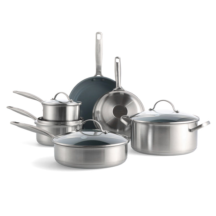 10-piece stainless steel cookware set with gray ceramic interiors displayed on a white surface.