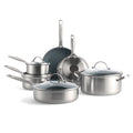 10-piece stainless steel cookware set with gray ceramic interiors displayed on a white surface.