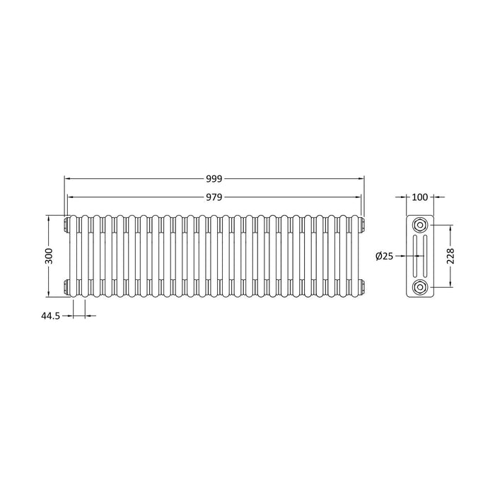 [BHHA303] Triple Column Traditional Radiator 300 x 999mm, High Gloss White - Technical Drawing