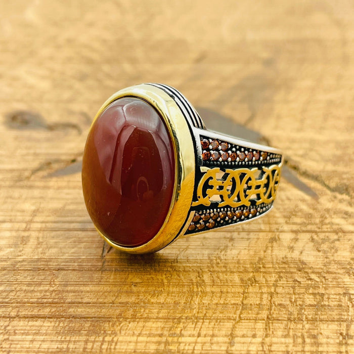 Turkish Handmade 925 Sterling Silver Red Agate Signet Ring for Men | Bold Gift for Him