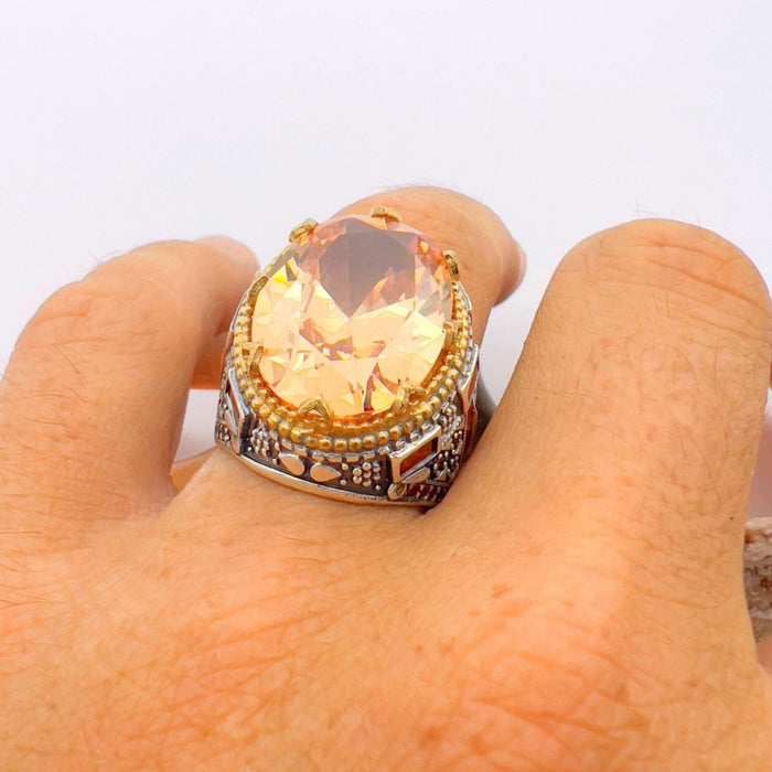 Turkish Handmade Dagger Design Men's Champagne Citrine 925 Sterling Silver Ring - TryAladdin