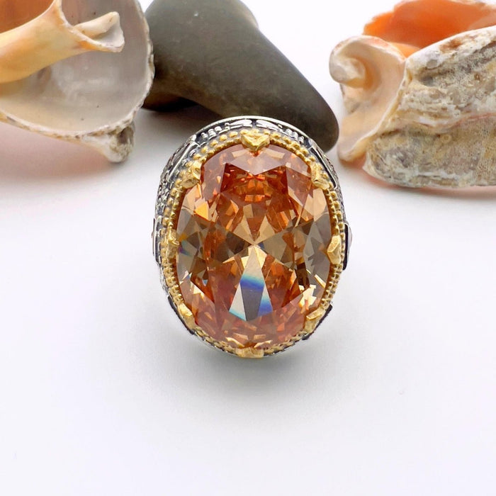 Turkish Handmade Dagger Design Men's Champagne Citrine 925 Sterling Silver Ring - TryAladdin