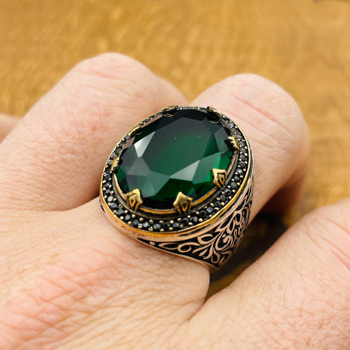 Turkish Handmade Men's 925 Sterling Silver Emerald Ring - Oval Green Gemstone Gift