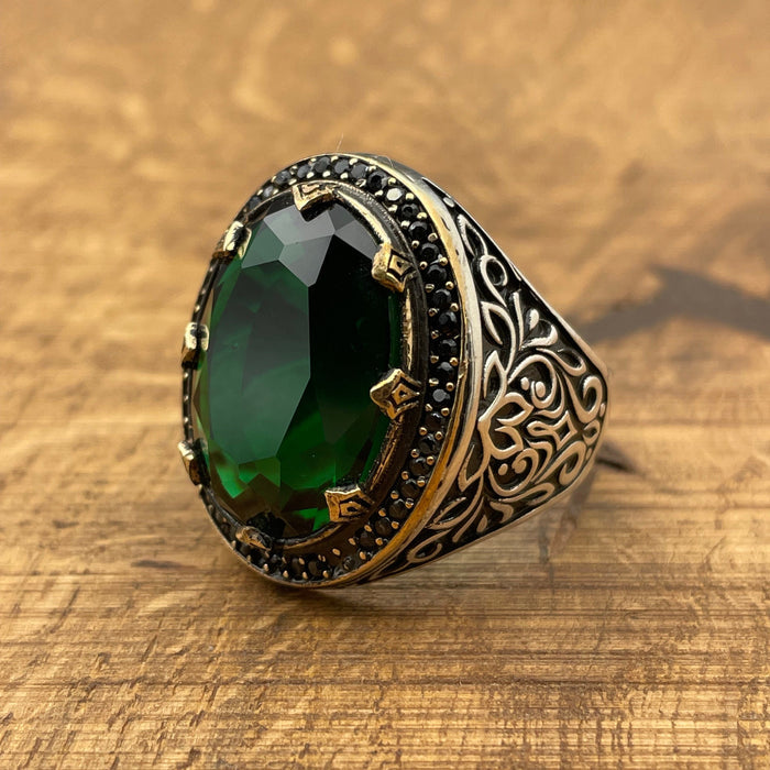 Turkish Handmade Men's 925 Sterling Silver Emerald Ring - Oval Green Gemstone Gift