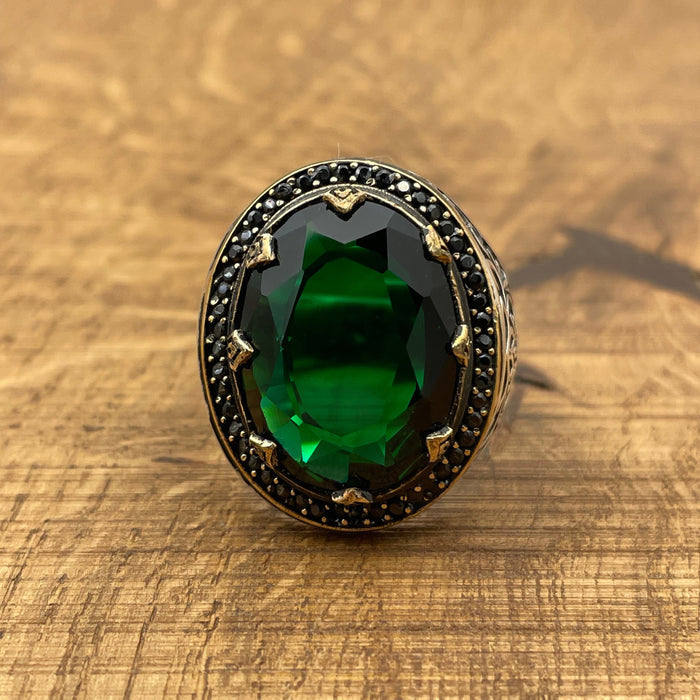 Turkish Handmade Men's 925 Sterling Silver Emerald Ring - Oval Green Gemstone Gift