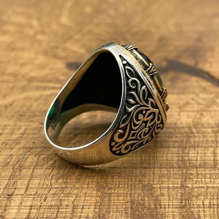 Turkish Handmade Men's 925 Sterling Silver Emerald Ring - Oval Green Gemstone Gift
