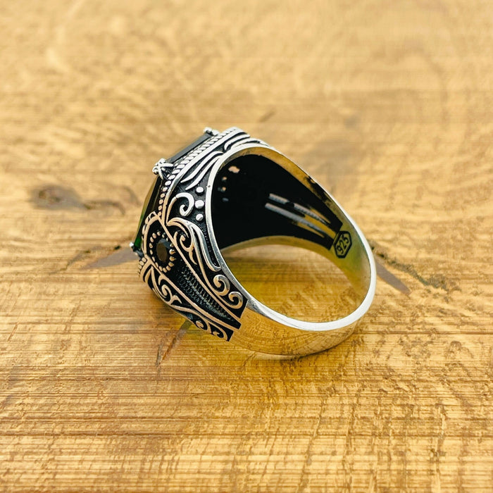 Turkish Handmade Men's 925 Sterling Silver Ring with Square Emerald Gemstone