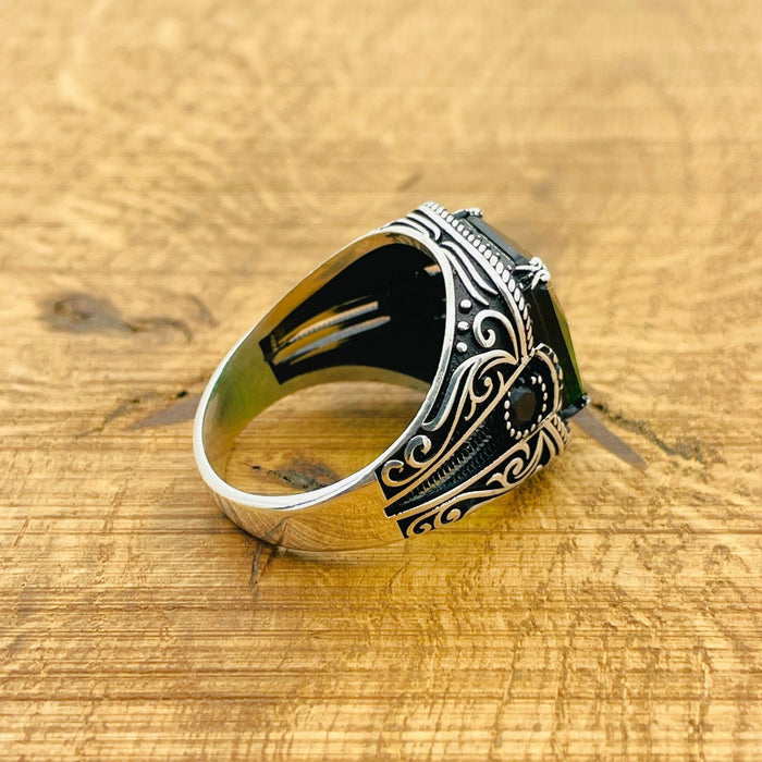Turkish Handmade Men's 925 Sterling Silver Ring with Square Emerald Gemstone